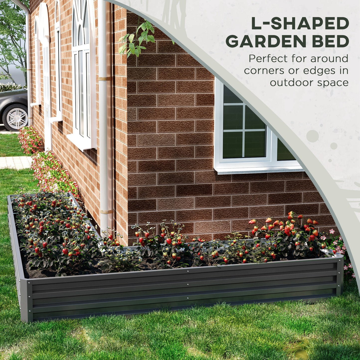 Outsunny L-Shaped Raised Garden Bed, 82" x 109" x 12" Galvanized Steel Planter Box with Multi-reinforced Rods for Vegetables, Flowers and Herbs, Dark Grey