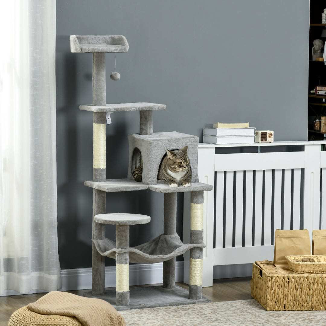 PawHut Tall Cat Tree for Indoor Cats, 56" Multi-Level Cat Tower with Hammock, Cat Bed, Cat Condo with Sisal Scratching Posts, Grey