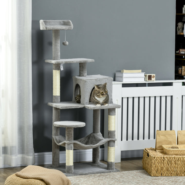 PawHut Tall Cat Tree for Indoor Cats, 56" Multi-Level Cat Tower with Hammock, Cat Bed, Cat Condo with Sisal Scratching Posts, Grey