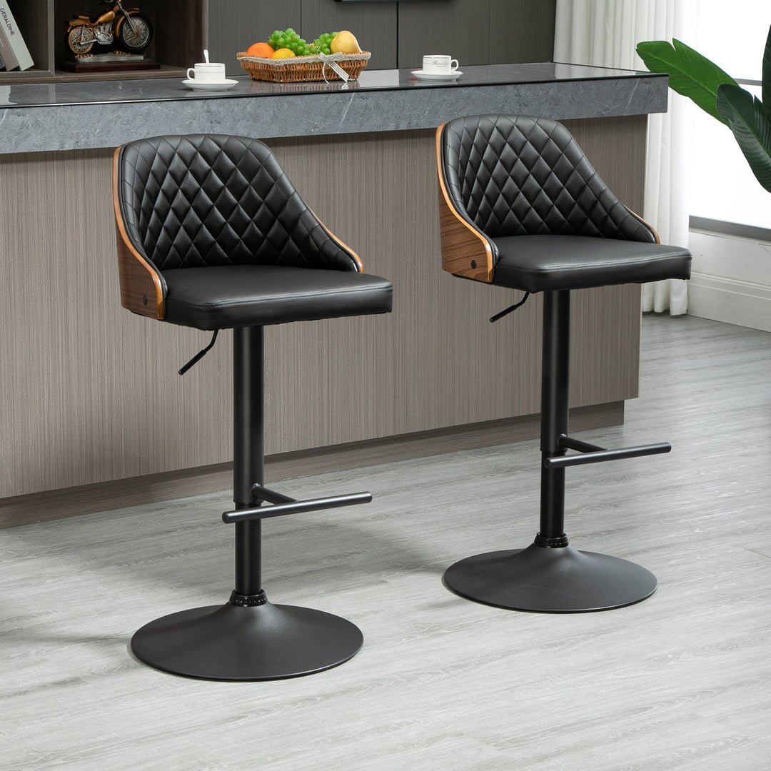 HOMCOM Modern Bar Stools PU Leather Set of 2 Swivel Bar Height Barstools Chairs with Adjustable Height, Round Heavy Metal Base and Footrest, Black