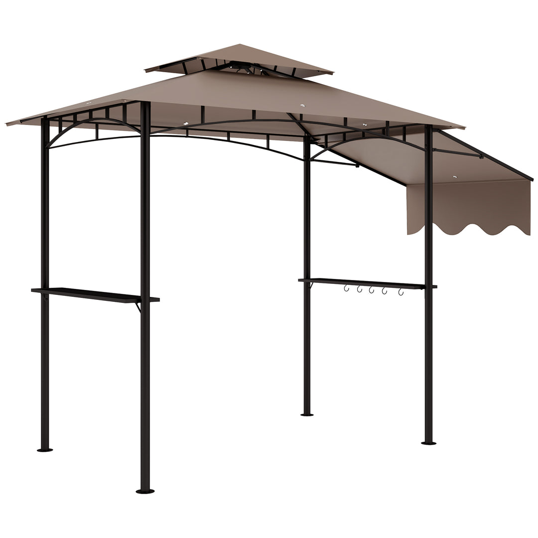 Outsunny 8' x 5' Grill Gazebo, Double Tiered Barbecue Grill Gazebo Shelter with Side Awning, 2 Side Shelves, 6 Hooks, Khaki