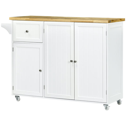 HOMCOM Rolling Kitchen Island with Storage, Utility Kitchen Island Cart with Drawer, Cabinets, Towel Rack and Rubber Wood Top