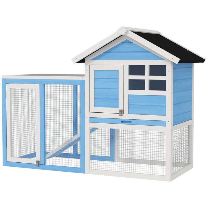 PawHut 48" Wooden Rabbit Hutch With Slant Roof and Run, Light Blue