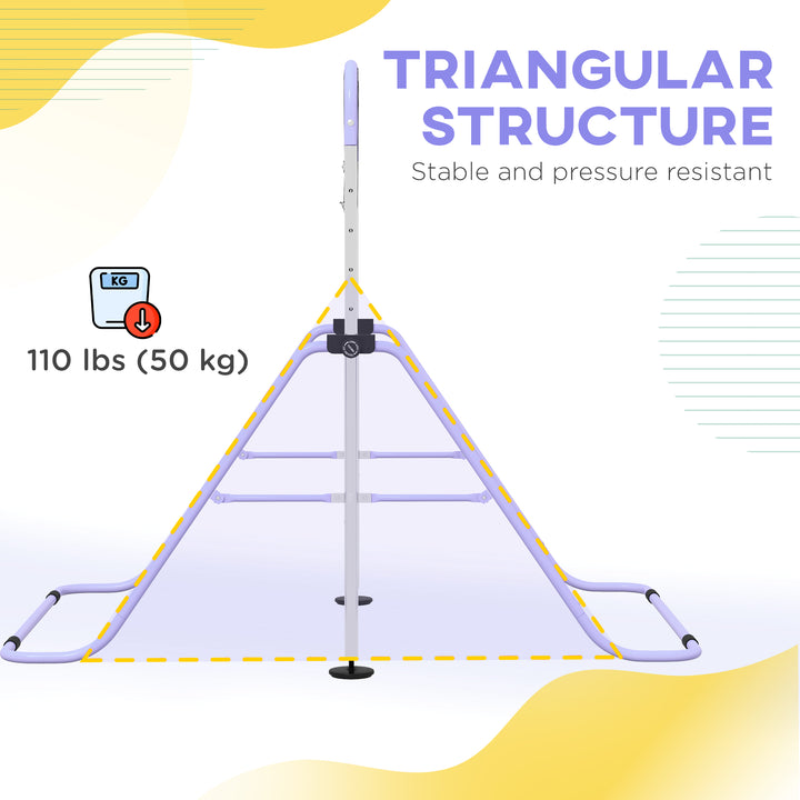 Qaba Kids Gymnastics Bar, Adjustable Height Folding Horizontal Bar with Gymnastics Rings, Non-slip Rubber Floor Rings, Purple