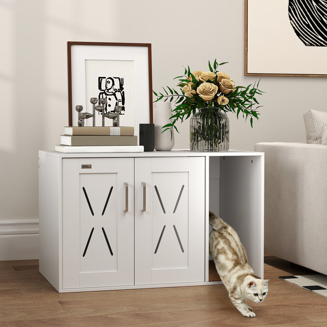 PawHut Cat Litter Box Enclosure, Hidden Cat Litter Box Furniture with Scratching Board, 31.5" x 19" x 20", White