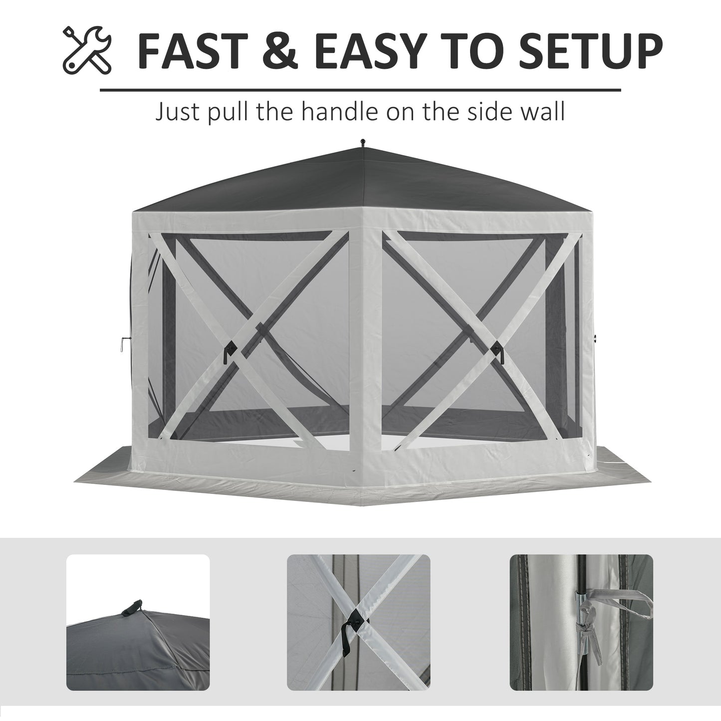 Outsunny 12' x 12' Hexagon Automatic Pop Up Screen Tents Camping Shelter Picnic Canopy Outdoor Sun Shade w/ Mesh Sidewalls and Carry Bag Beige