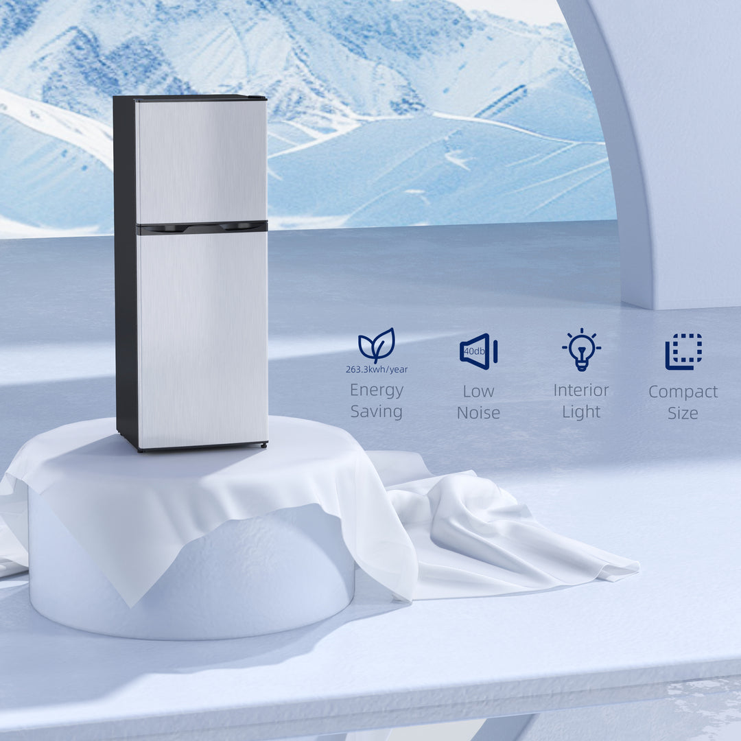 HOMCOM Double Door Mini Fridge with Freezer, 4.6 Cu.Ft Small Refrigerator with Thermostat, Shelves, Reversible Door, Silver