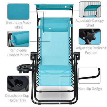 Outsunny 2 Piece Foldable Lounge Chair with Canopy Shade, Outdoor Zero Gravity Chair w/ Side Tray & Cup Holder, Reclining Lounger w/ Breathable Mesh Fabric Seat, Pillow, Sky Blue