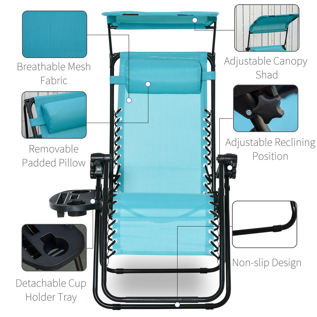 Outsunny 2 Piece Foldable Lounge Chair with Canopy Shade, Outdoor Zero Gravity Chair w/ Side Tray & Cup Holder, Reclining Lounger w/ Breathable Mesh Fabric Seat, Pillow, Sky Blue