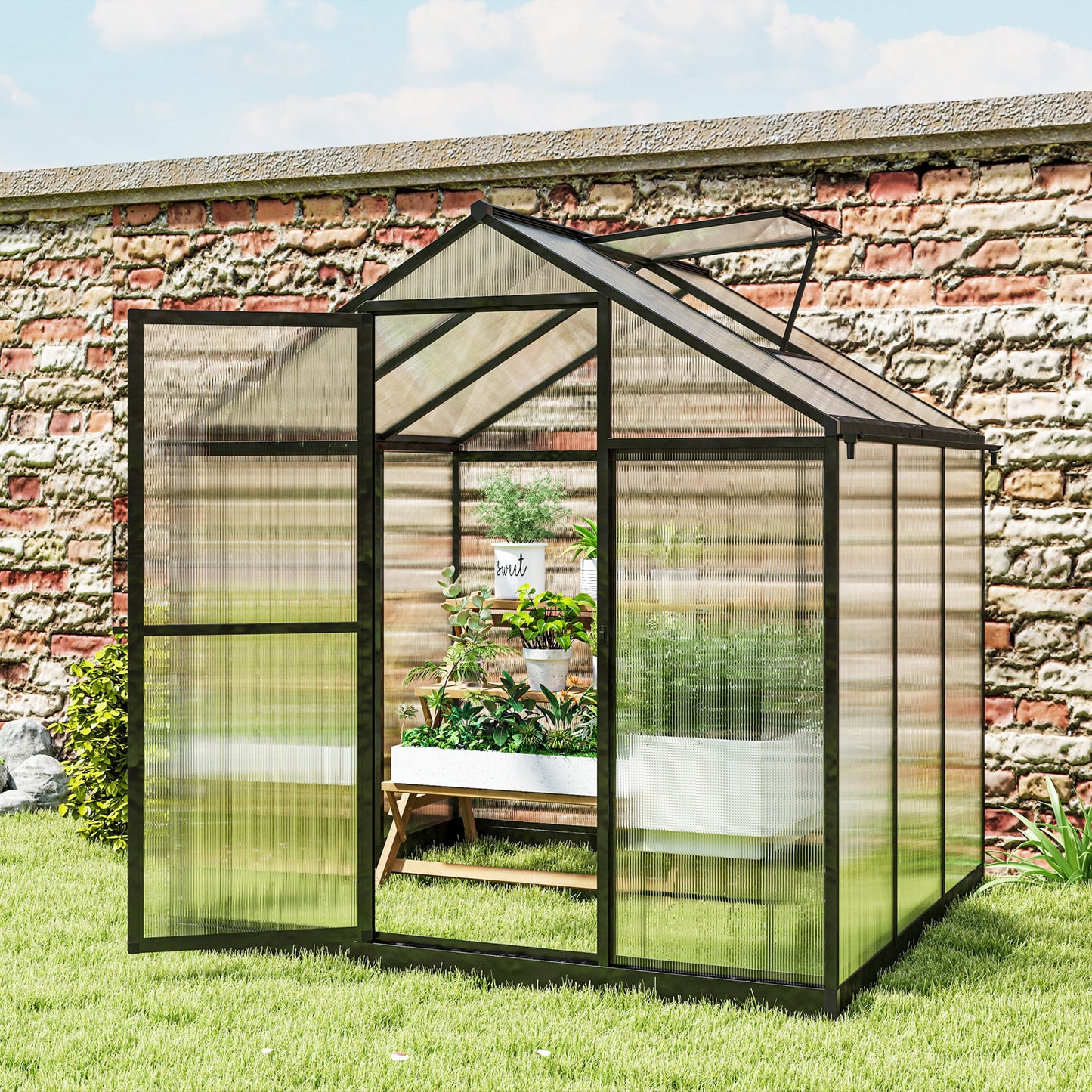 Outsunny 6' x 10' x 6.4' Walk-in Garden Greenhouse Polycarbonate Panels Plants Flower Growth Shed Cold Frame Outdoor Portable Warm House Aluminum Frame, Silver