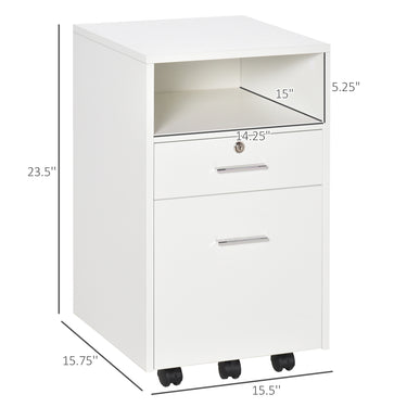 Vinsetto 2 Drawer Filing Cabinet with Lock, Vertical File Cabinet with Wheels, Mobile Office Cabinet for A4, Letter Size, White