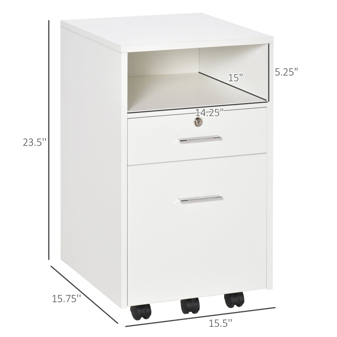 Vinsetto 2 Drawer Filing Cabinet with Lock, Vertical File Cabinet with Wheels, Mobile Office Cabinet for A4, Letter Size, White