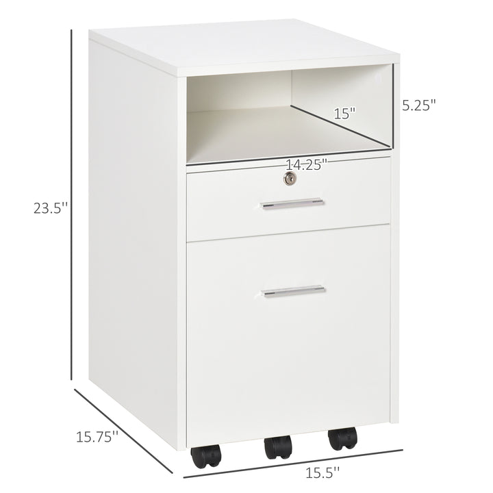 Vinsetto 2 Drawer Filing Cabinet with Lock, Vertical File Cabinet with Wheels, Mobile Office Cabinet for A4, Letter Size, White