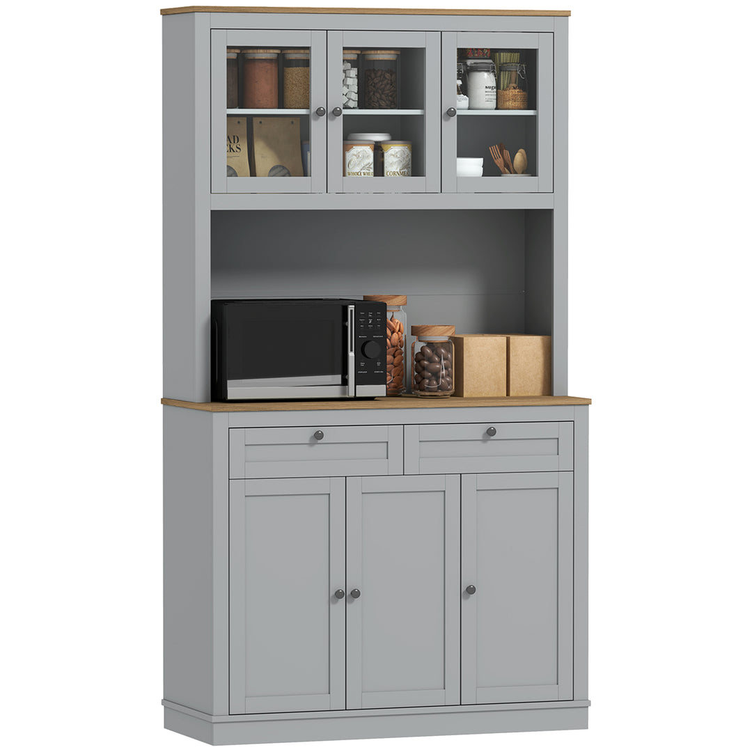 HOMCOM 71" Pantry Cabinet with Microwave Space, Buffet with Hutch, 2 Drawers, Adjustable Shelves and Glass Doors, Blue
