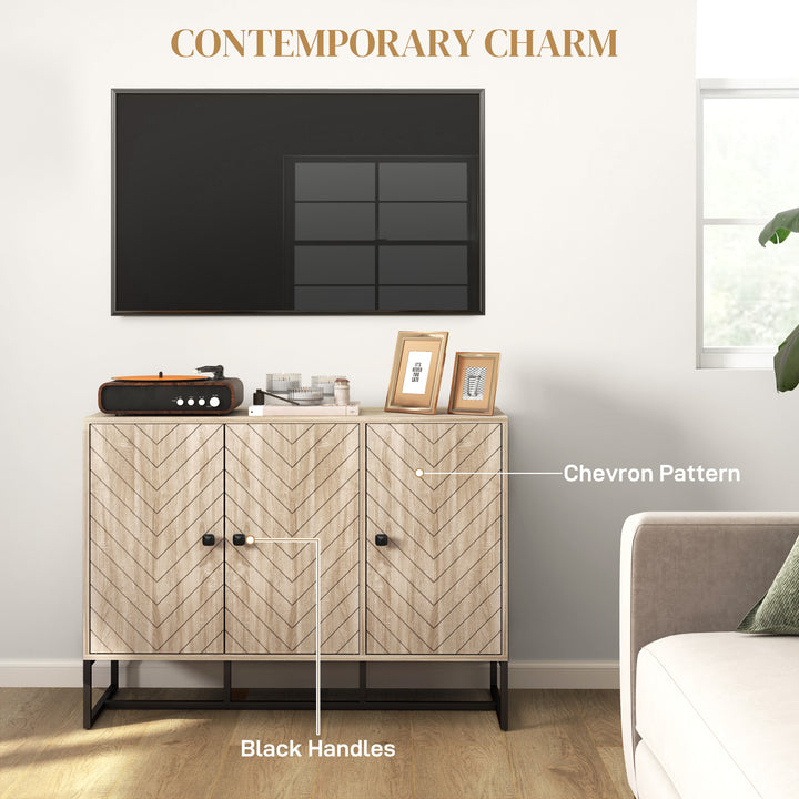 HOMCOM Modern Sideboard, Buffet Cabinet with Adjustable Shelves, 3 Chevron Doors for Living Room, Hallway, Oak Wood Grain