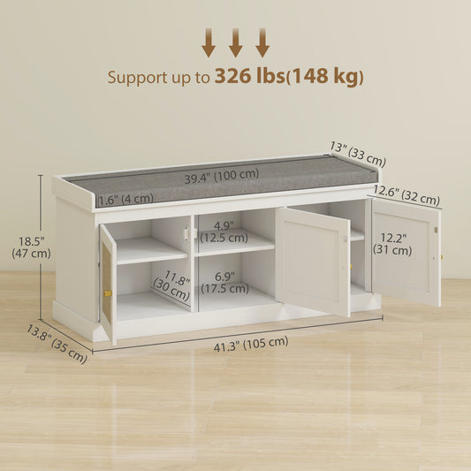 HOMCOM Shoe Storage Bench with Woven Rattan Doors, Shoe Bench with Cushion, Adjustable Shelves, Entryway Bench, White
