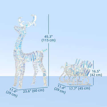 Outsunny Lighted Christmas Reindeer with Sleigh, Outdoor Reindeer with 170 LED Lights and Stakes, Holiday Decor, Silver