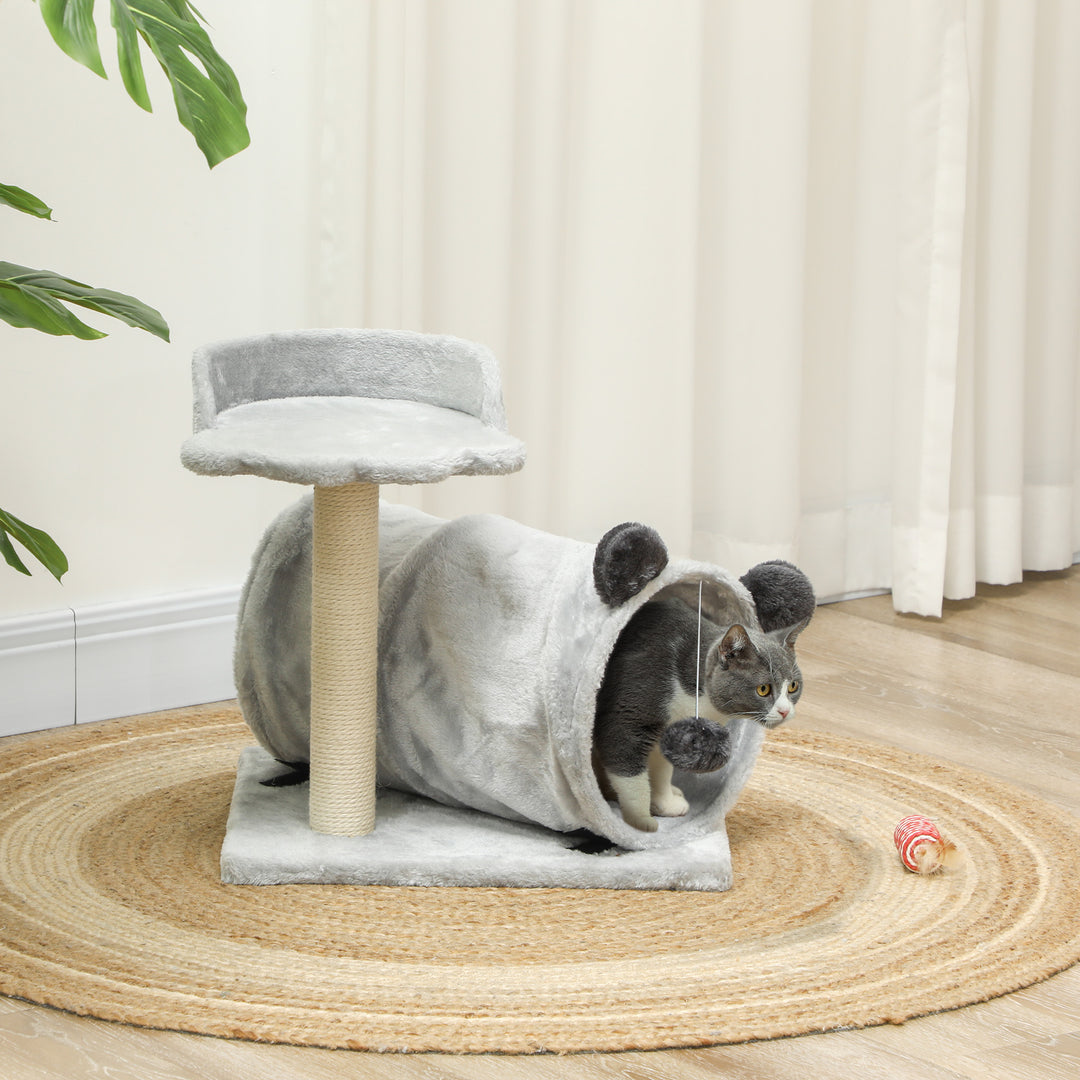 PawHut 18.5" Small Cat Tree, Compact Cat Tower with Tunnel, Scratching Post, Plush Bed, Dangling Ball, for Indoor Use, Grey
