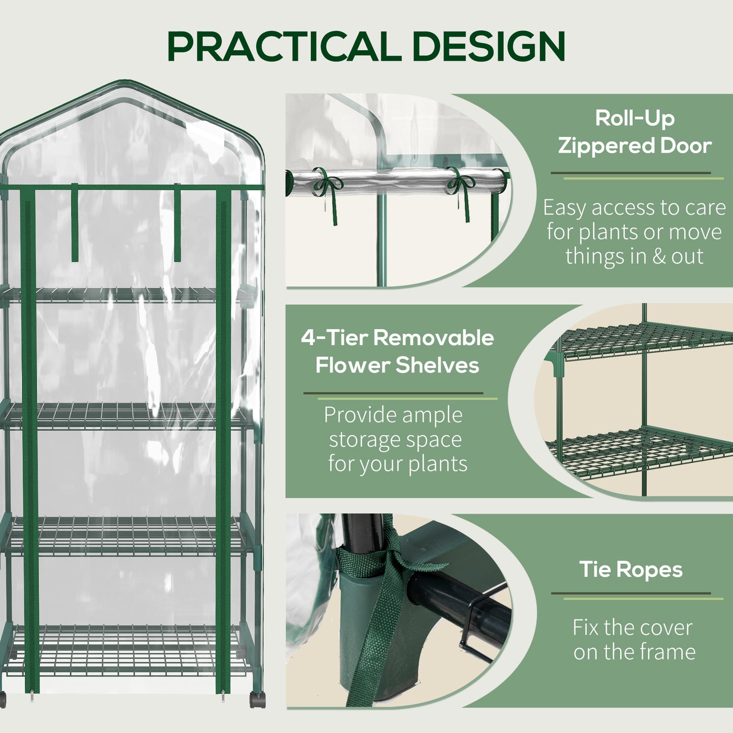 Outsunny 27" x 20" x 65" Portable Greenhouse with 4 Tier Shelves and Wheels, Outdoor Hot House Plant Flower Greenhouse, Steel Frame, Plastic Cover, Clear