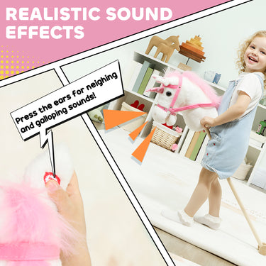Qaba Unicorn Stick Horse, Plush Hobby Horse with Wood Wheels, Real Pony Neighing and Galloping Sounds, for Kids, White