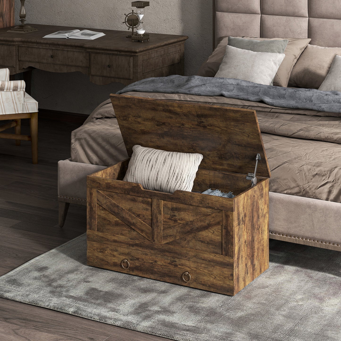 HOMCOM 39.4 Inches Storage Chest, Storage Trunk with 2 Safety Hinges, Wooden Box for Living Room, Black Wood Grain