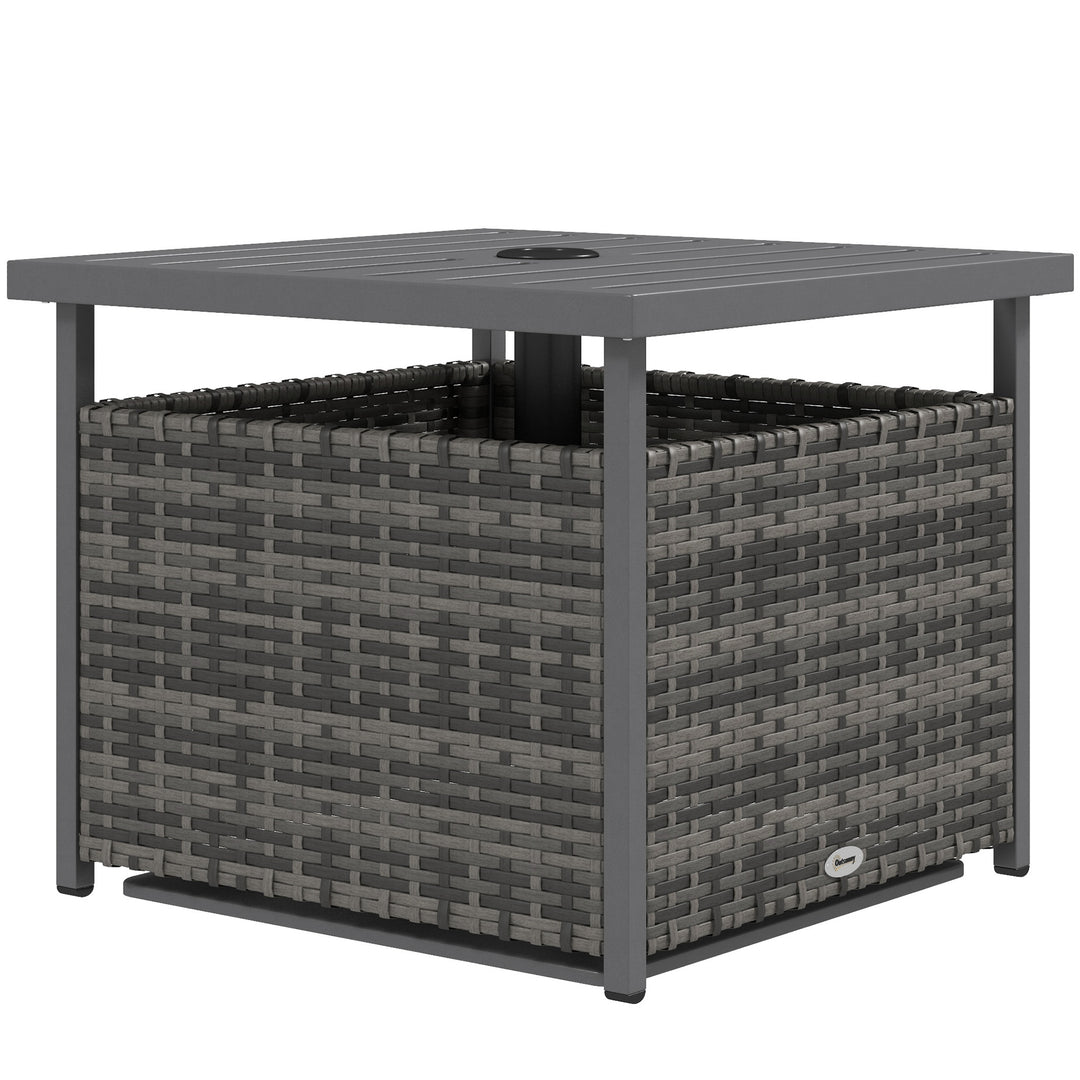 Outsunny 21.75" Outdoor Rattan Wicker Patio Coffee Table with Umbrella Hole, Patio Side Table with Slatted Metal Top, Brown