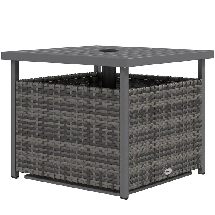 Outsunny 21.75" Outdoor Rattan Wicker Patio Coffee Table with Umbrella Hole, Patio Side Table with Slatted Metal Top, Brown