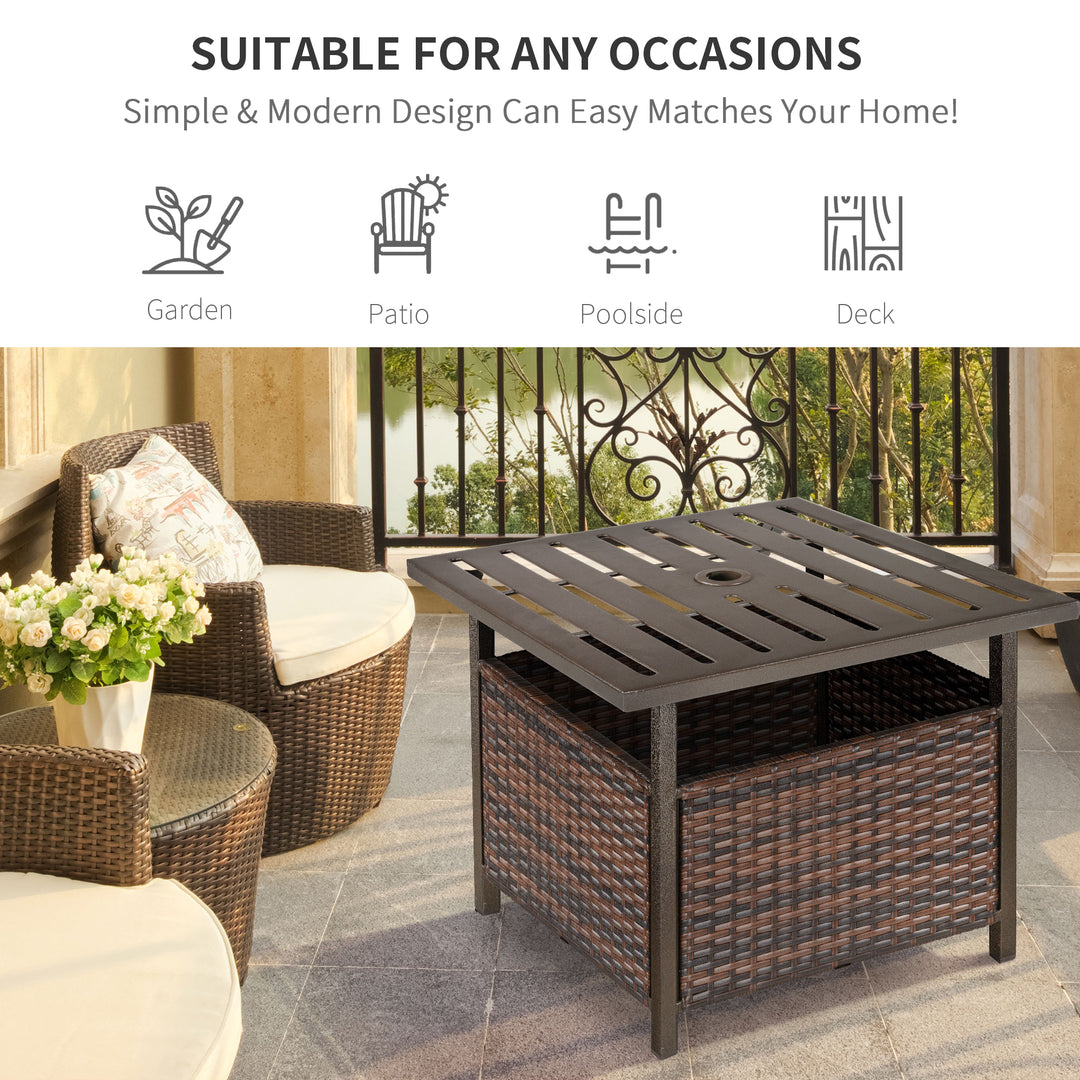 Outsunny 21.75" Outdoor Rattan Wicker Patio Coffee Table with Umbrella Hole, Patio Side Table with Slatted Metal Top, Brown