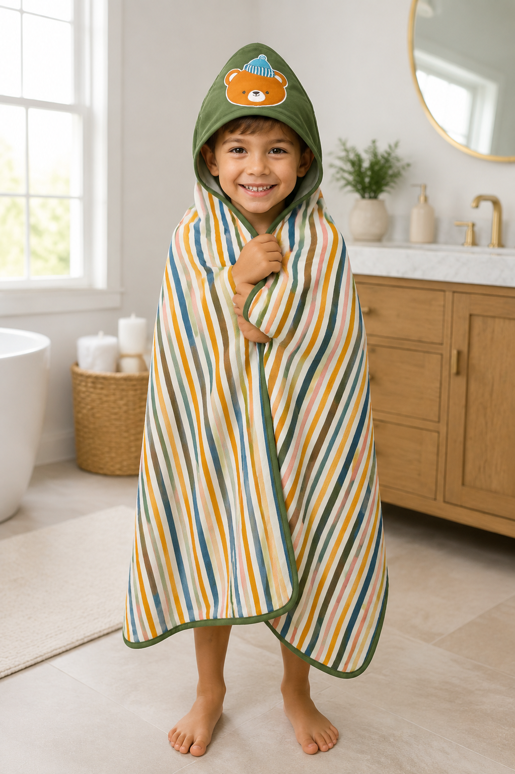 Aarniva Kids Hooded Bath Towel | Soft & Cozy | Animal & Fun Prints | Bear Stripe