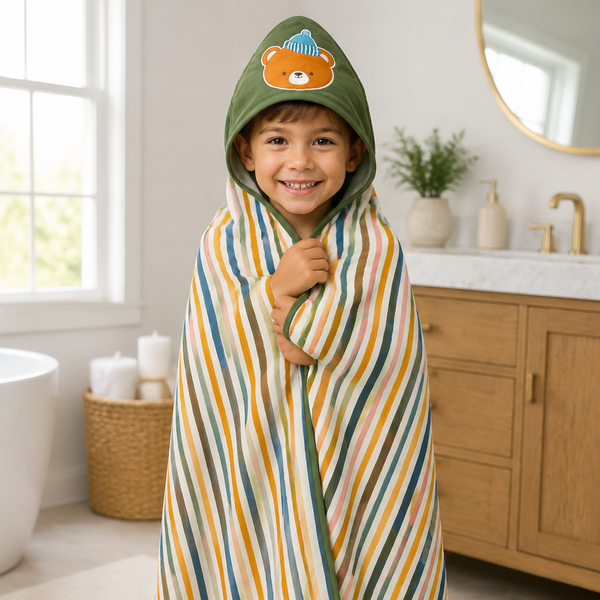 Aarniva Kids Hooded Bath Towel | Soft & Cozy | Animal & Fun Prints | Bear Stripe