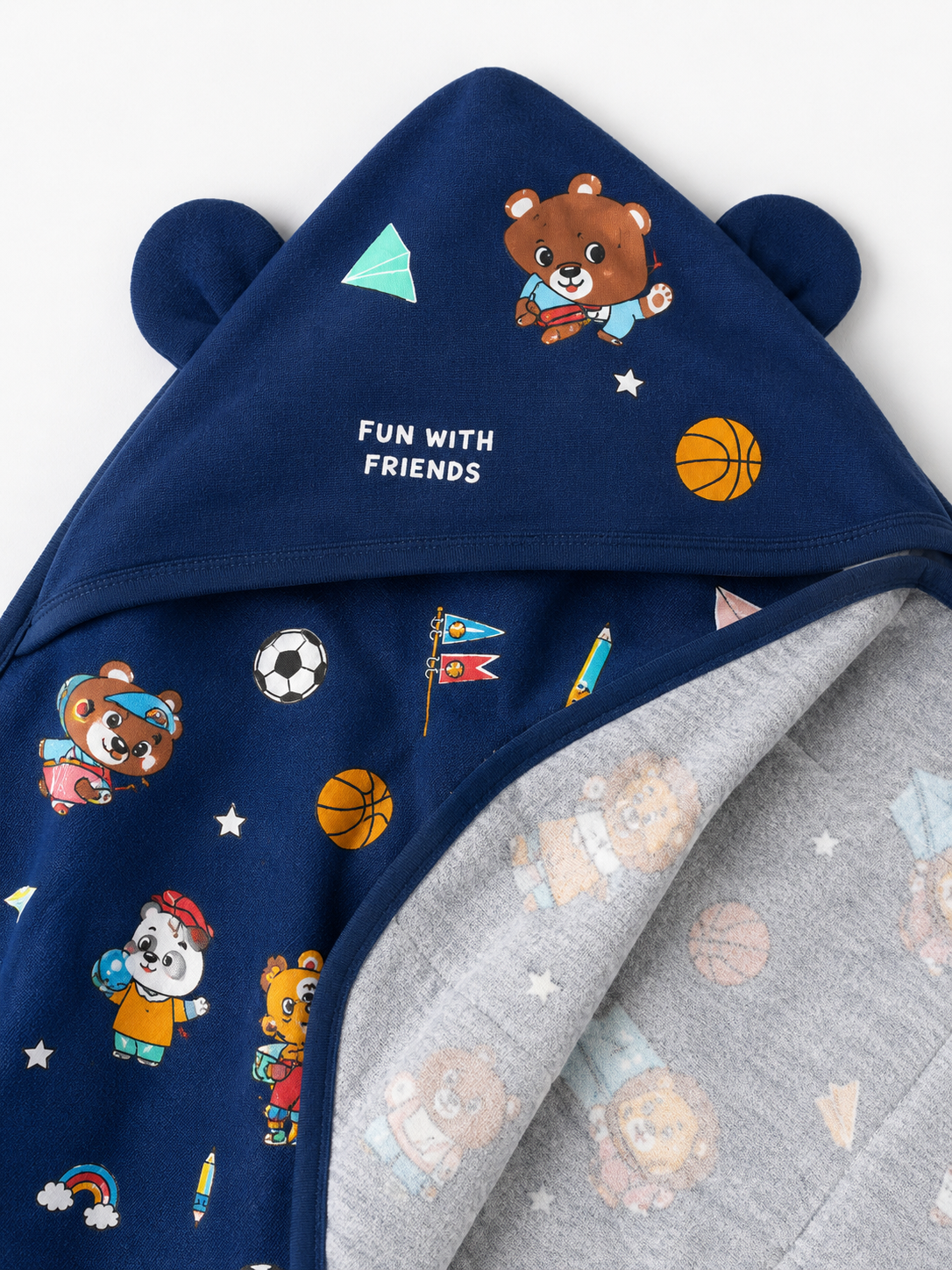 Aarniva Kids Hooded Bath Towel | Soft & Cozy | Animal & Fun Prints | Navy Sports Friends