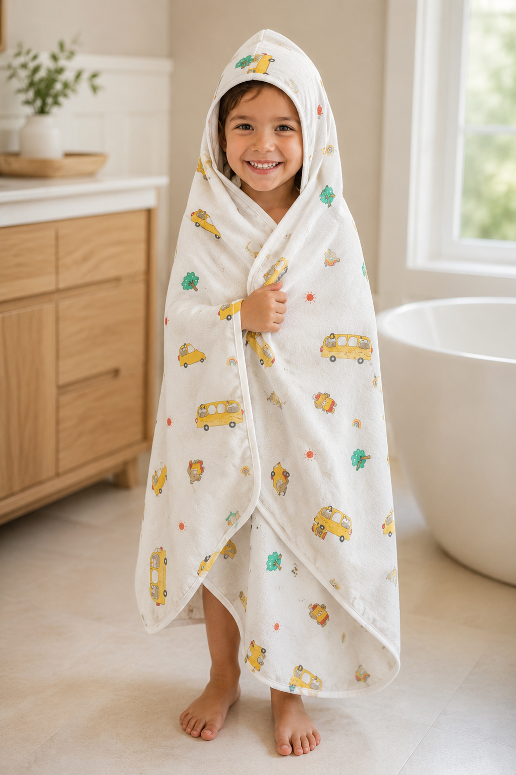 Aarniva Kids Hooded Bath Towel | Soft & Cozy | Animal & Fun Prints | Vehicle Adventure