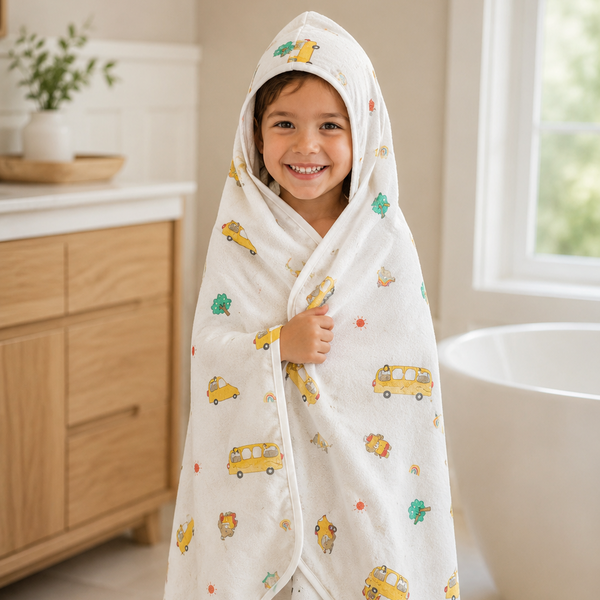 Aarniva Kids Hooded Bath Towel | Soft & Cozy | Animal & Fun Prints | Vehicle Adventure