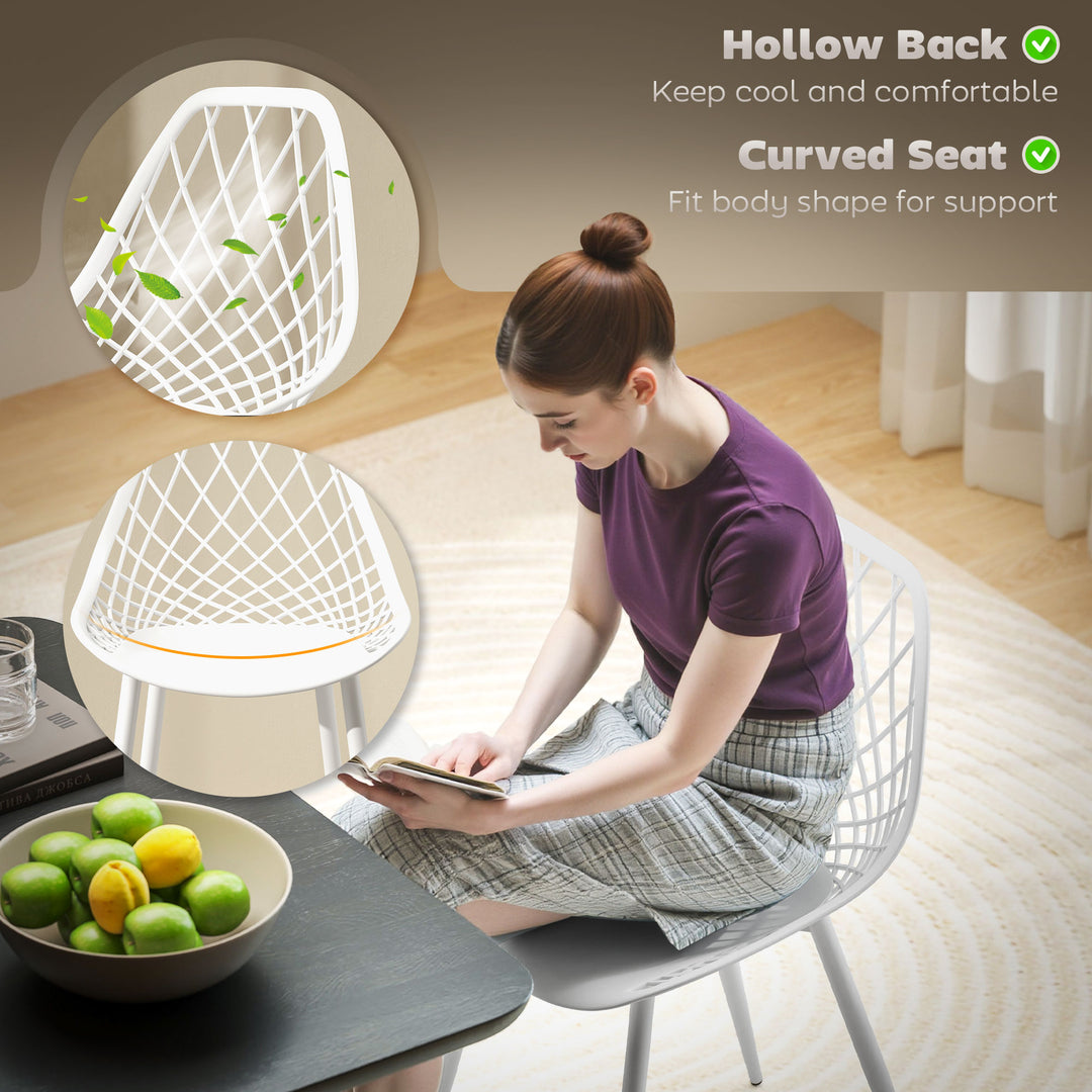HOMCOM Modern Dining Chairs Set of 4, Plastic Kitchen Chairs with Hollow Backrest and Metal Legs for Living Dining Room, White