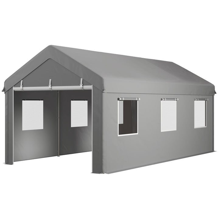 Outsunny 10' x 20' Carport, Heavy Duty Portable Garage with 6 Mesh Windows and 2Doors, Gey