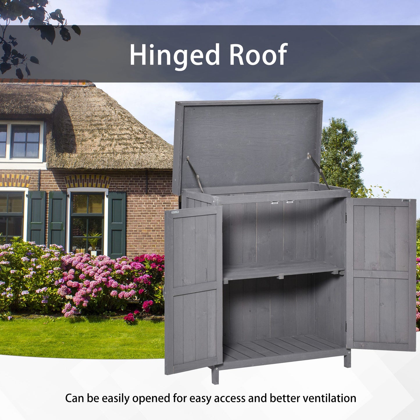 Outsunny Wooden Garden Tool Storage Shed Kit with Hinged Roof, 2-Tier Shelves and Double Doors, 74x43x88cm, Dark Grey