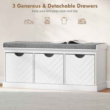 HOMCOM Shoe Storage Bench, Linen-Look Entryway Bench with 3 Removable Drawers and Padded Seat Cushion for Hallway, White