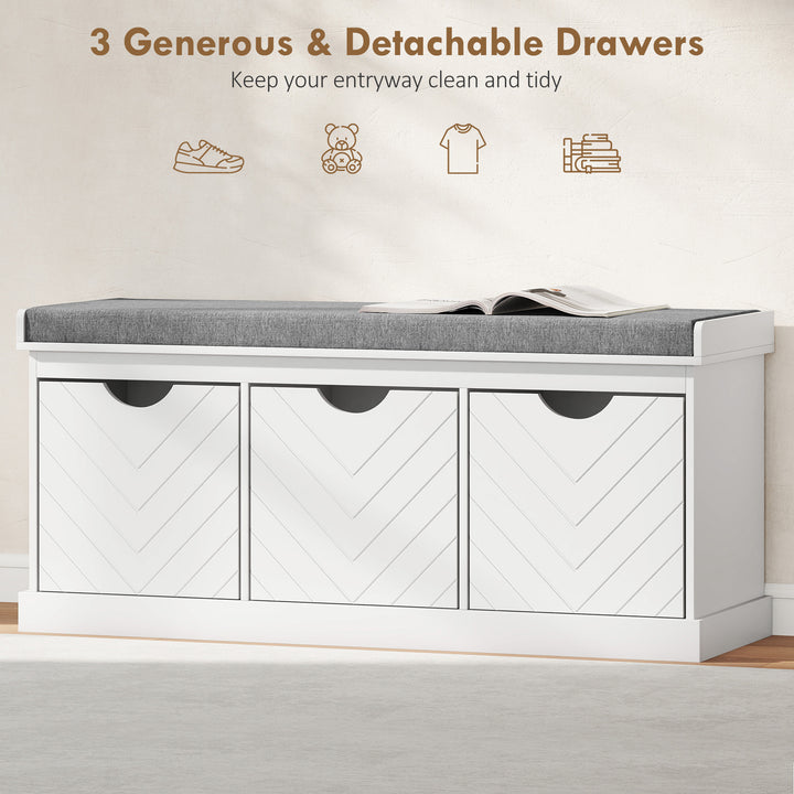 HOMCOM Shoe Storage Bench, Linen-Look Entryway Bench with 3 Removable Drawers and Padded Seat Cushion for Hallway, White