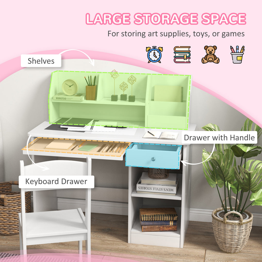 Qaba Kids Desk and Chair Set for 5-8 Year Old with Storage, Study Table and Chair for Children, White