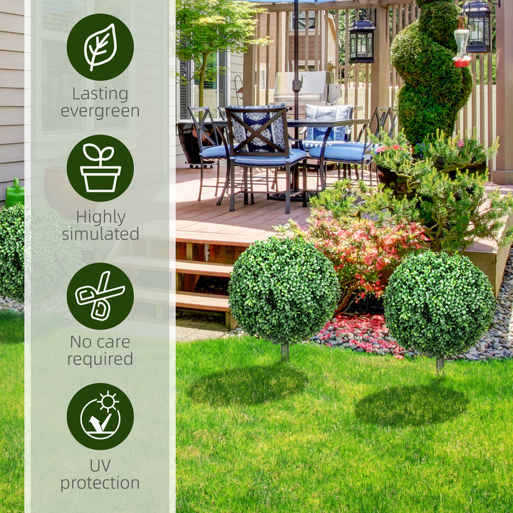 HOMCOM Artificial Boxwood Trees w/ Ground Stake, Set of 2 Ball Shaped Topiary Trees for Home Office & Living Room, UV Resistant