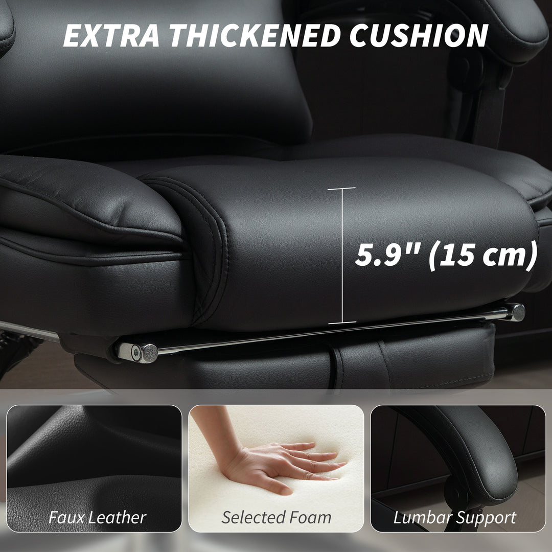 HOMCOM PU Leather Office Chair, Reclining Desk Chair with Footrest, Adjustable Headrest, Lumbar Support, Swivel Wheels, Black