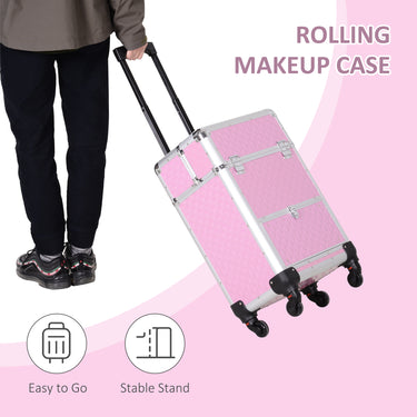 HOMCOM Portable Aluminum Makeup Train Cases, Rolling Makeup Case, Salon Beauty Cosmetic Jewelry Organizer Trolley with 4 Wheels, Pink