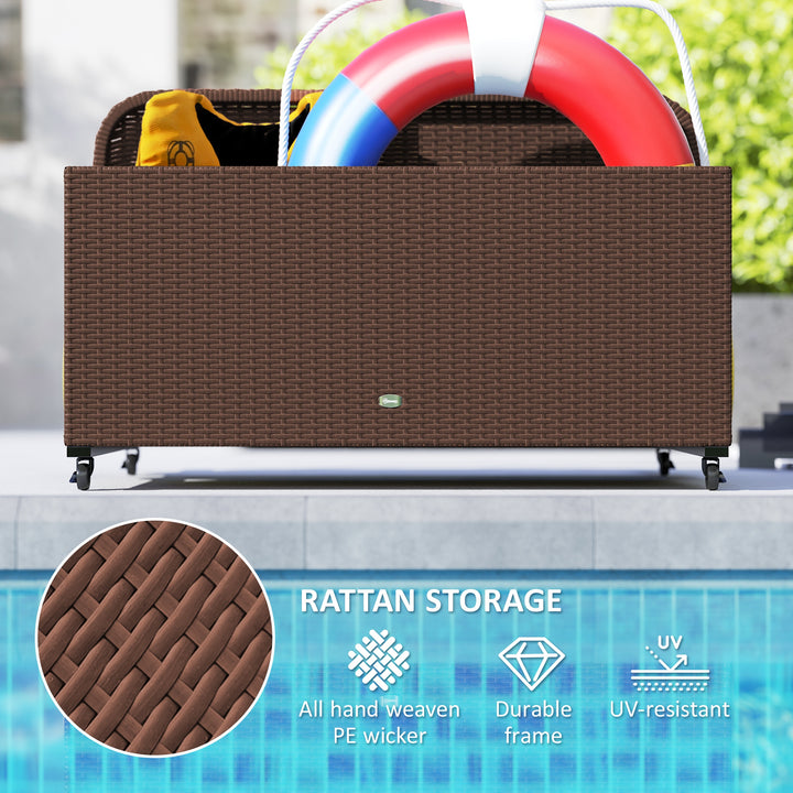 Outsunny Rolling Pool Storage Rattan Patio Furniture Outdoor Storage Wicker Organizer for Floats, Paddles, Balls, Towels, Brown