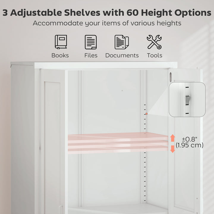 HOMCOM Office Storage Cabinet, Lockable Filing Cabinet with 3 Adjustable Shelves and 2 Doors for Home Office, Garage, White