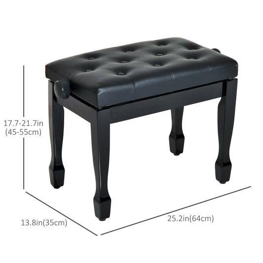 HOMCOM 25" Adjustable Height Piano Bench with Padded Cushion, Keyboard Seat with Storage and Solid Wood Legs, Black
