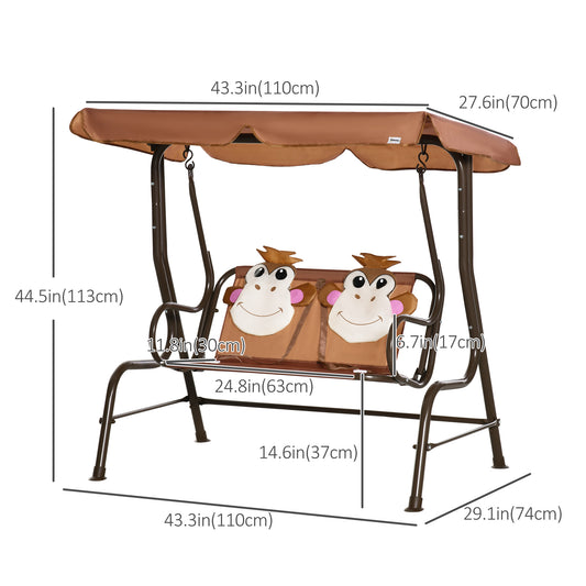 Outsunny 2-Seat Kids Porch Swing Chair, Children Outdoor Patio Furniture Lounge Chair for Garden, with Adjustable Canopy, Seat Belt, Monkey Pattern, for 3-6 Years Old, Coffee