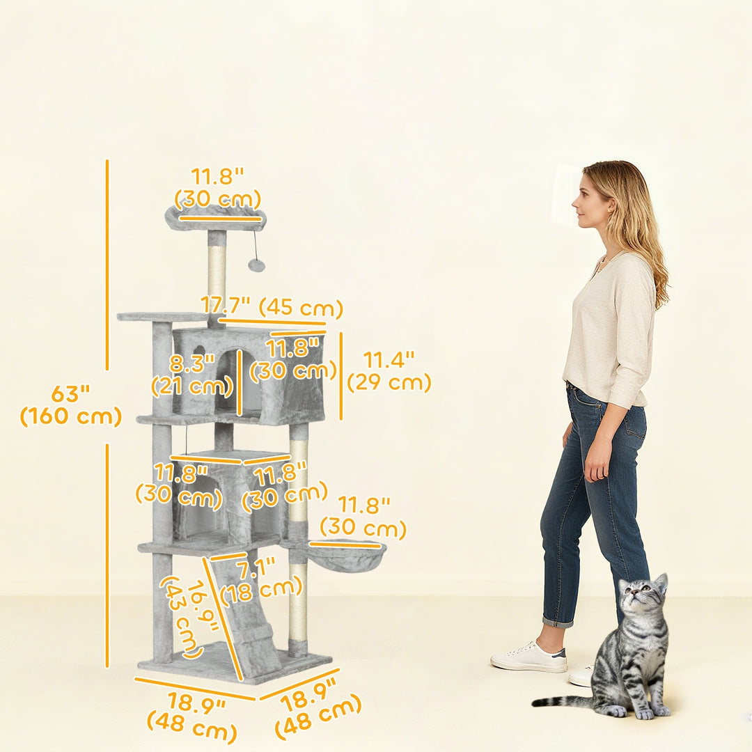 PawHut 63 Inch Cat Tree with Sisal Scratching Posts, Condos, Plush Perches, Hammock, Ladder, Dangling Balls, Pink