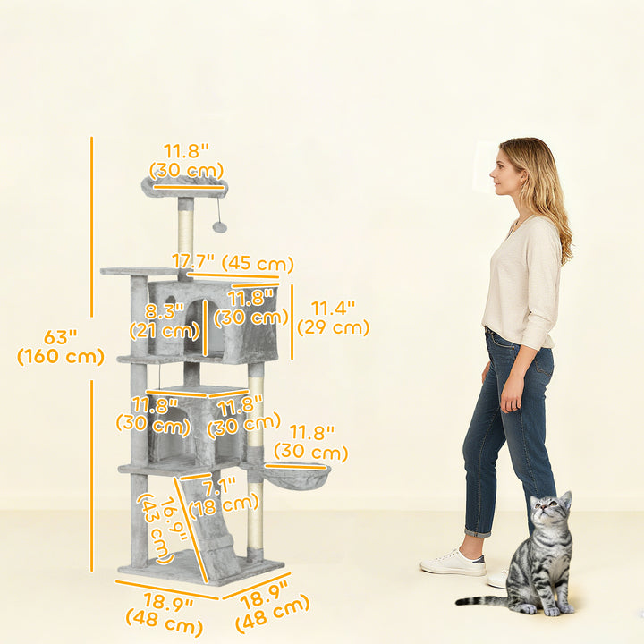 PawHut 63 Inch Cat Tree with Sisal Scratching Posts, Condos, Plush Perches, Hammock, Ladder, Dangling Balls, Pink