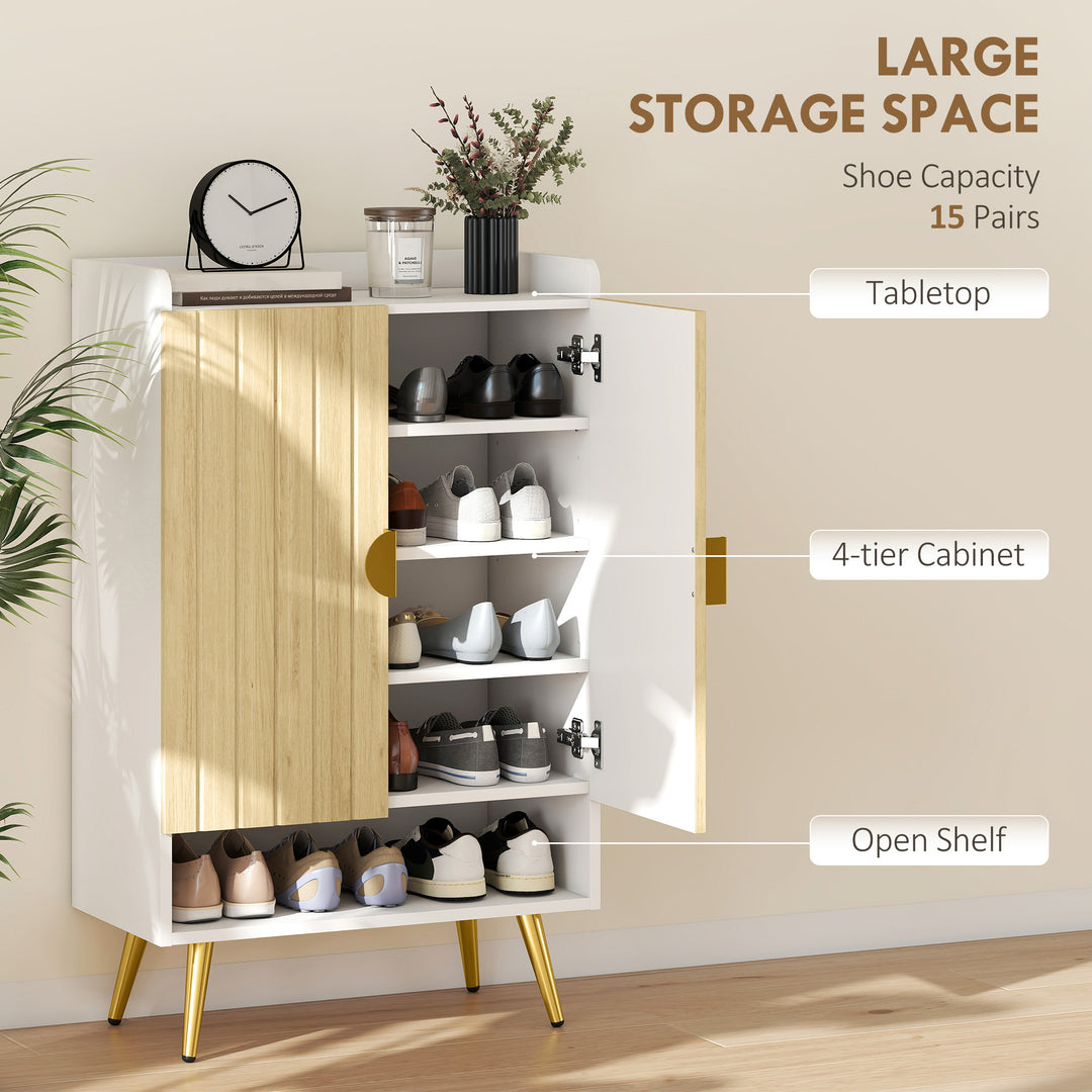 HOMCOM Entryway Shoe Storage Cabinet, Narrow Shoe Cabinet with Adjustable Shelves and Open Shelf for 15 Pairs of Shoes, Grey