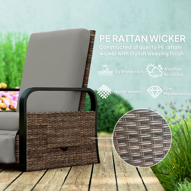 Outsunny Wicker Outdoor Recliner Chair, Reclining Lounge Chair with Adjustable Backrest, Footrest and Side Tray, Light Grey